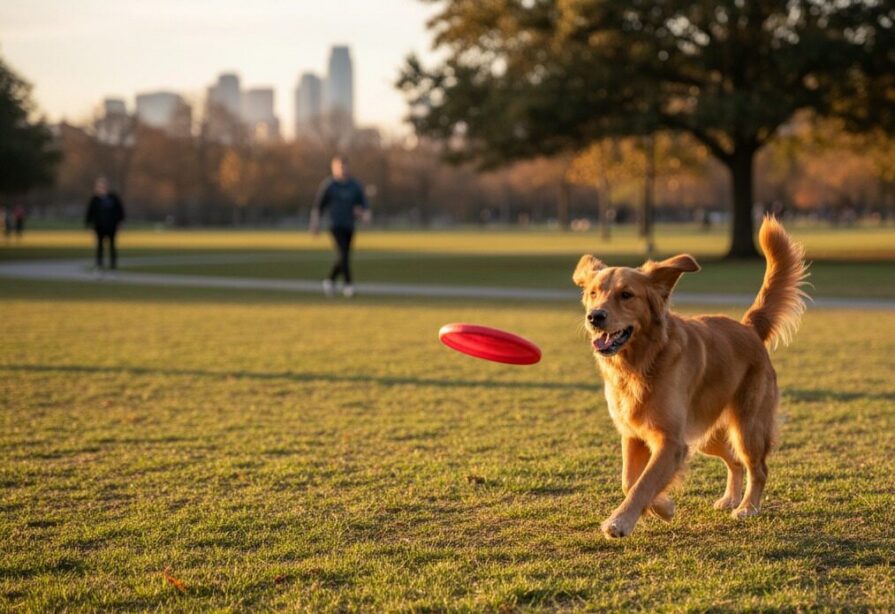 Koira puistossa juoksemassa punaisen liitokiekon perässä, taustalla kaksi ihmistä ja puita
